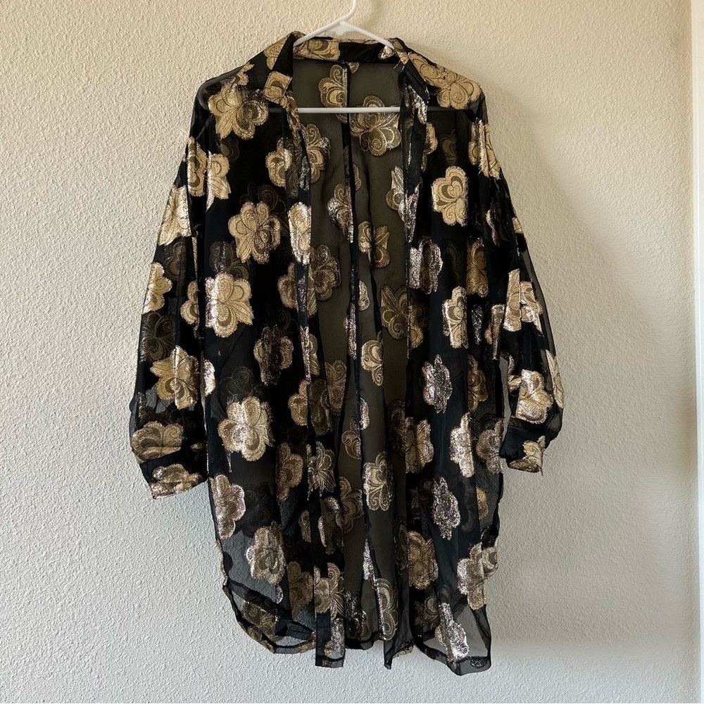 Women’s Longline Button Up Fits Large Black Gold Floral Print Mesh Party Church